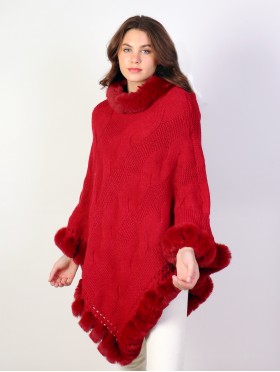 Solid Color Knitted Poncho W/ Fur Collar & Trim